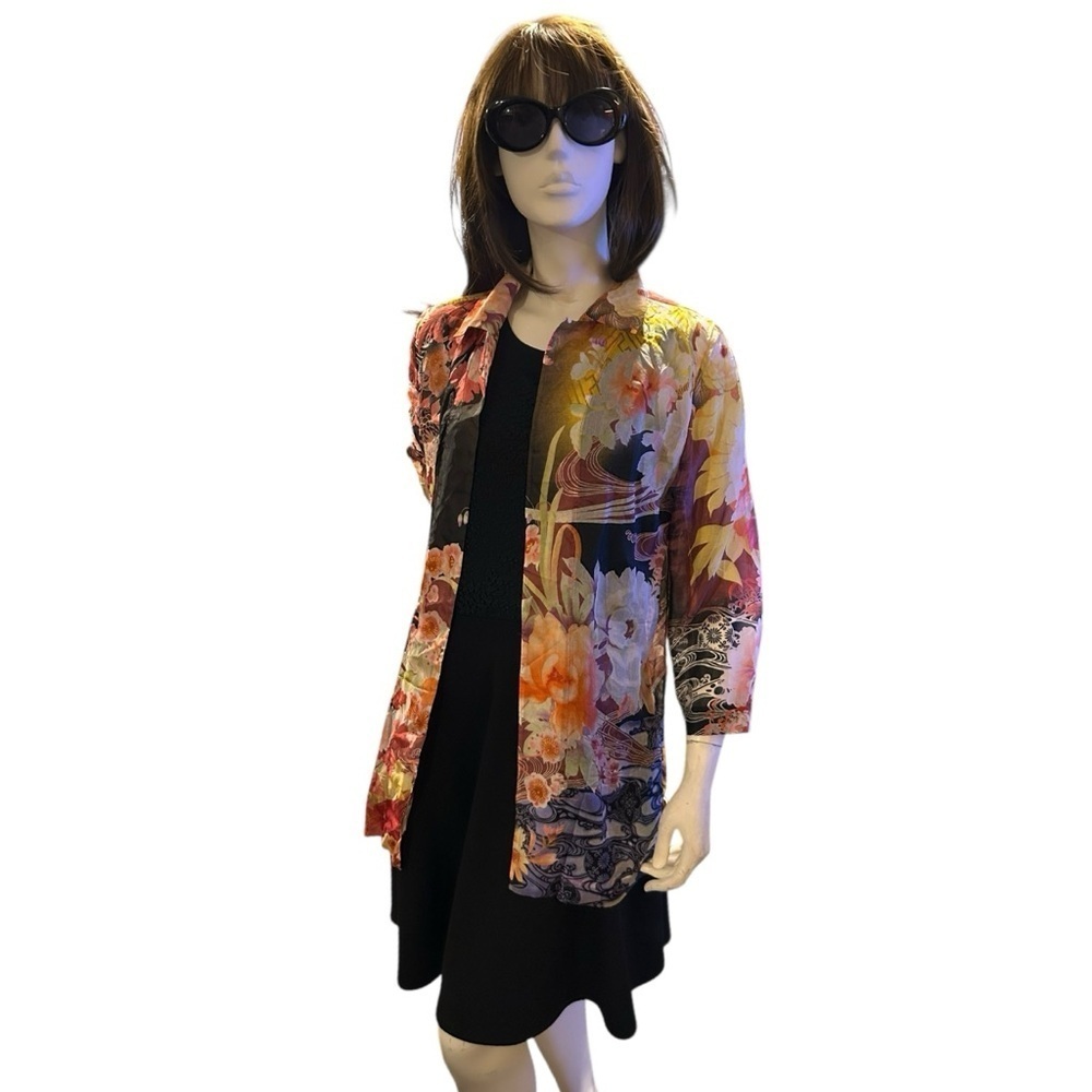 Chico's Multi-Color Size 1 Floral 100% Sheer Silk Open Jacket NWOT